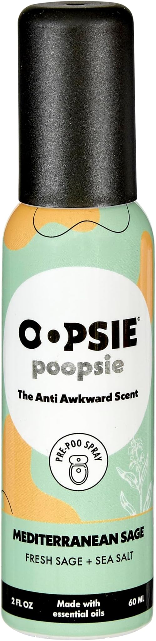 Oopsie Poopsie Toilet Spray, Travel Essentials, Each Up to 300 Uses, On-The-Go Bathroom Odor Deodorizer with Essential Oils, TSA Approved Size, Mediterranean Sage 1 Pack, 2 Fl Oz