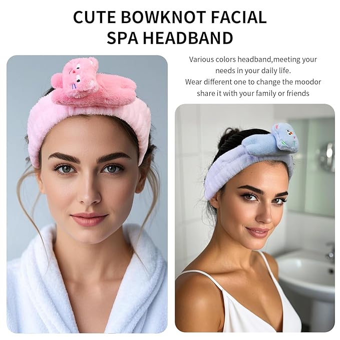 Kawaii Spa Headbands for Women Girls - 2 Pack Cute Soft Fleece Facial Headbands for Makeup, Skincare, Bath, Shower, Beauty and Face Washing, Pink+Blue Cat