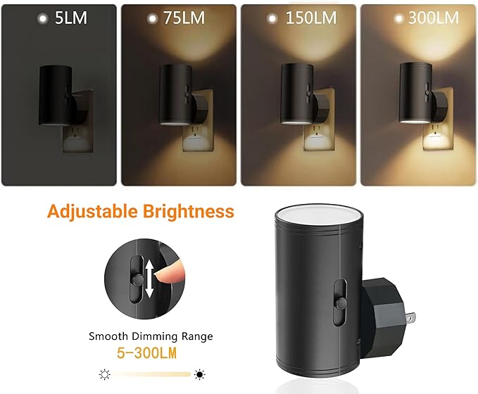 TSEXES LED Night Light Plug in, Night Lights Plug into Wall Dusk to Dawn Sensor,5-300LM Adjustable Brightness, 2700K,Dimmable Night Lights for Kitchen,Hallway Bedroom,Stairway,2 Pack