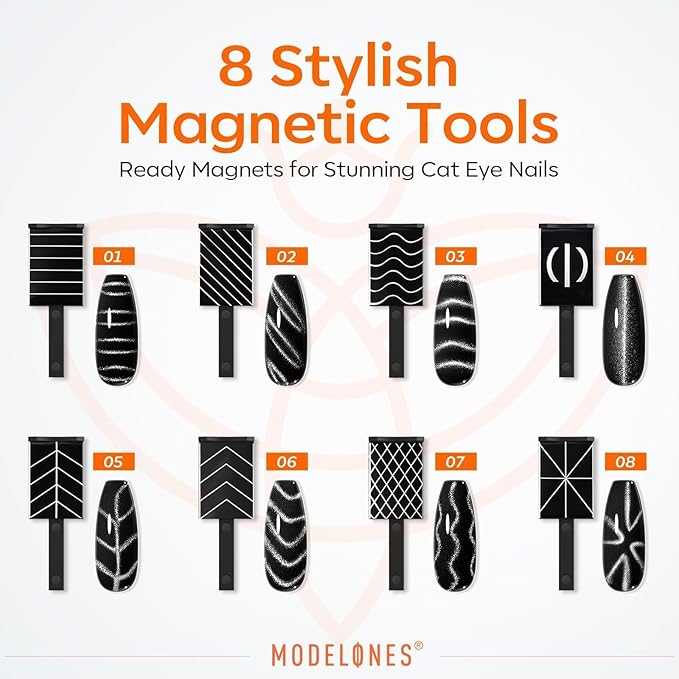 modelones Cat Eye Magnet Set, 15PCS French Cateye Gel Nail Polish Magnet Nail Art Tools Set Circle Magnet for Cat Eye Magnet Square Round Magnet Stick Diverse Glassy Cateye Effect for Mother’s Day
