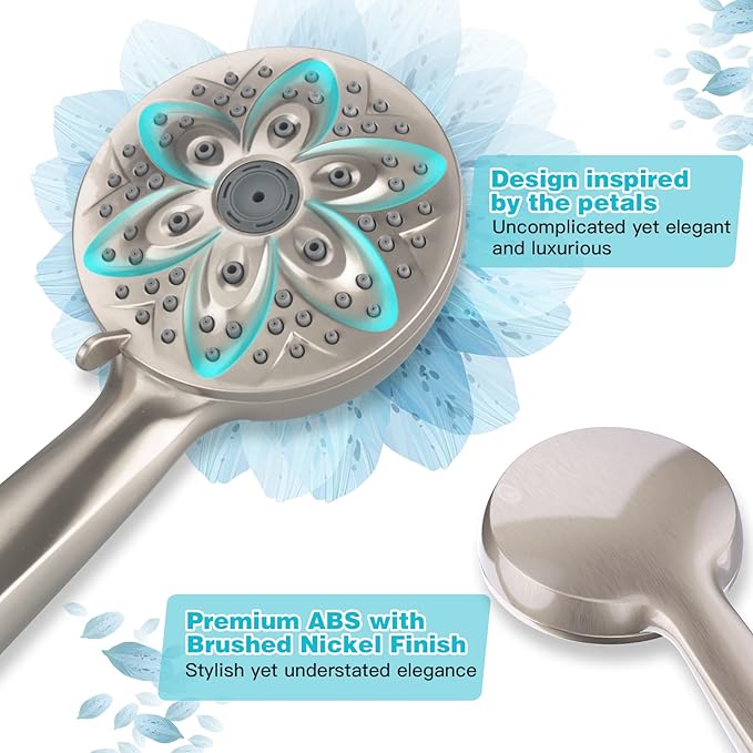JDO Shower Head with Handheld, High Pressure Handheld Shower Head 6 Settings, Detachable Set with Stainless Steel Hose and Shower Bracket (Brushed Nickel)