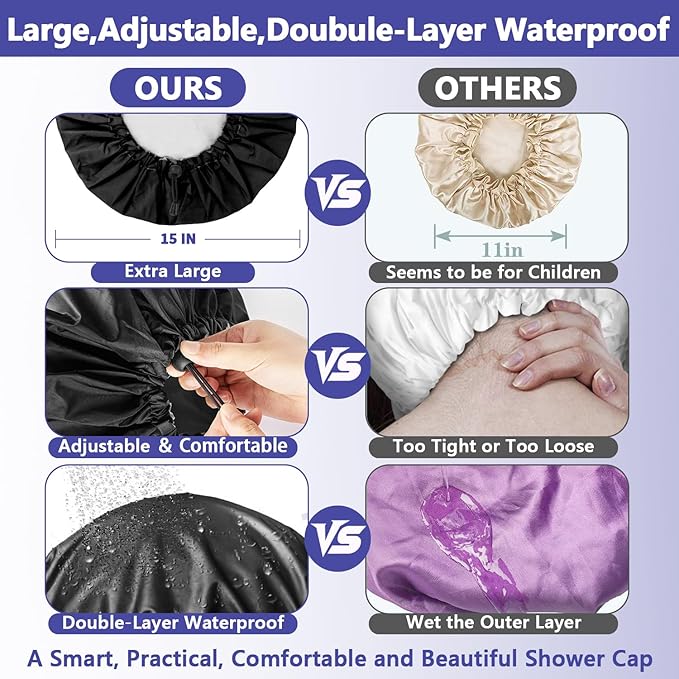 1 PCS Shower Cap, Double Layer & Adjustable Bathing Cap for Shower, Extra Large Reusable Hair Cap for Women, Waterproof Exterior & EVA Lining, Oversized Design for All Hair Lengths/Style