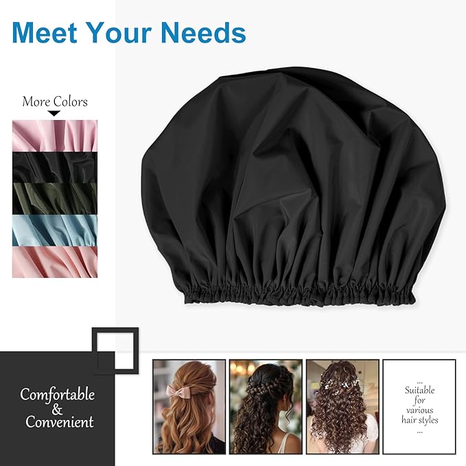 Shower Cap for Women, Double Layer Waterproof Bath Cap, Reusable Hair Protector, Large Waterproof Shower Bonnet Washable Elastic Band Bath Hair Hat for Long Hair, Braids，Black