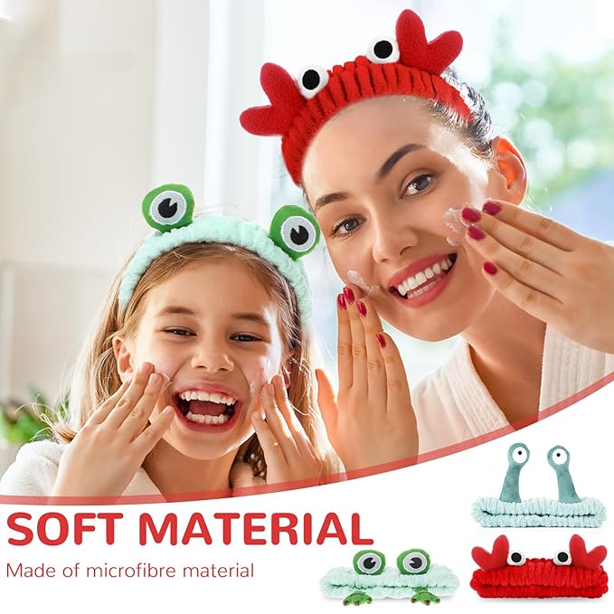 WLLHYF 3 Pack Spa Headband Face Wash Hairband Facial Makeup Head Wraps Cartoon Elastic Head Band Cute Frog Snail Crab Shower Headband Creative Hair Accessories for Beauty Skincare Sports