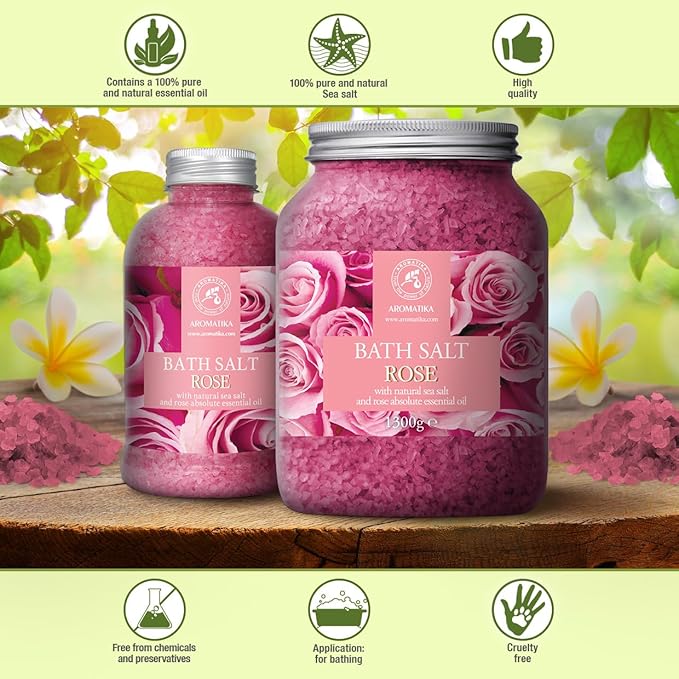 Rose Bath Salts 21.16 Oz - Natural Rosewood Oil & Rose Extract - Best for Relaxing - Good Sleep - Beauty - Bathing - Body Care - Wellness - Relax - Aromatherapy - Spa - De-Stress Bath Salts 600g