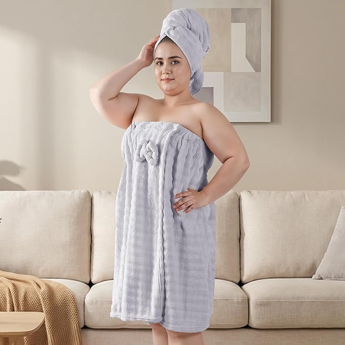 REDKISS Grey Plus Size Towel Wrap for Women, XL Adjustable Shower Wrap with Hair Towel, Super Absorbent Bath Towels Wrap for Body, Microfiber Plush Towel Wrap, Warmth Velcro Plus Size Wraps Towels