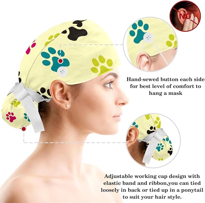 Adjustable Brown Dachshund Dog Blue Surgical Scrub Cap with Button,Sweatband for Women with Bow Hair Scrunchy