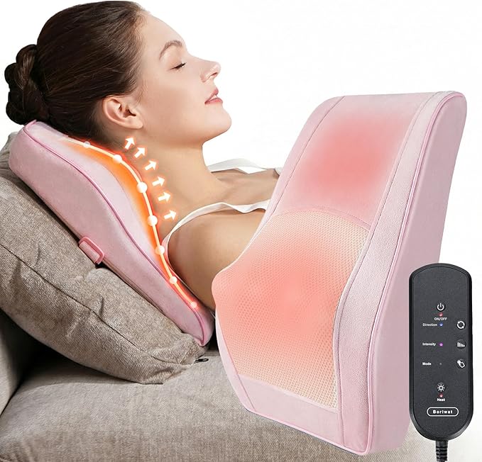 Boriwat Back Massager with Heat, Neck Massager for Pain Relief Deep Tissue, 3D Kneading Massage Pillow for Back, Neck, Shoulder, Legs - Pink