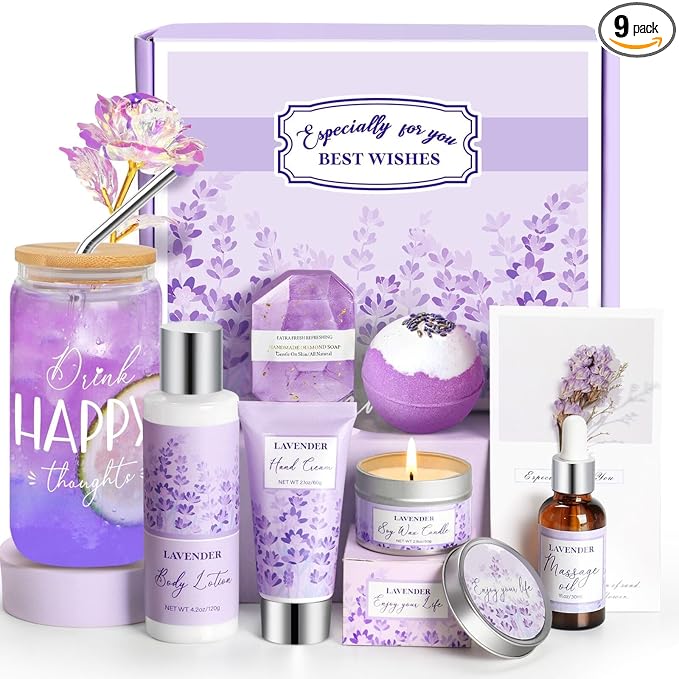 Mothers Day Gifts for Mom, Lavender Gift Baskets, Birthday Gifts for Women, Bath and Body Relaxing Spa Self Care Care Package Home Spa Bath Gift for Mom Sister Wife Female Friends Coworker Employee