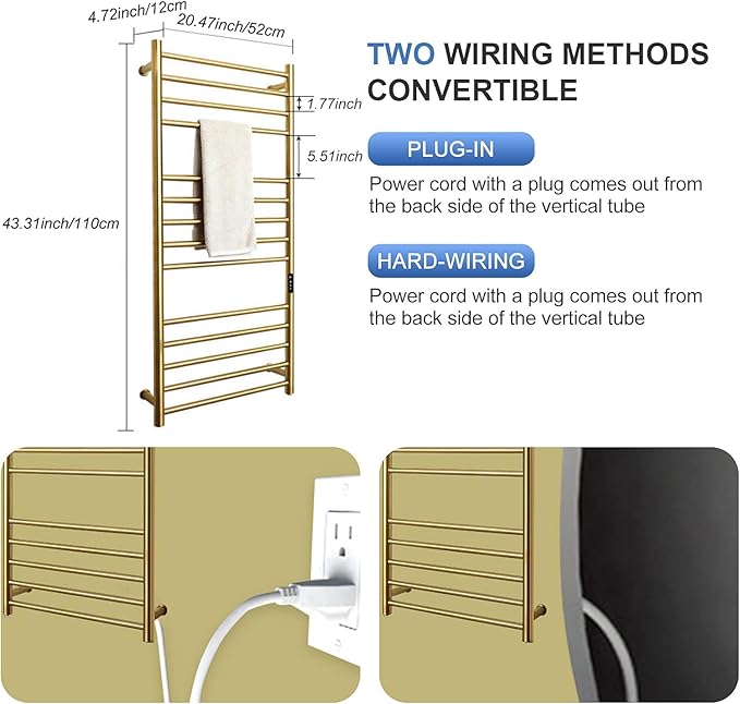 Gold Wall Mounted Heated Towel Rack,Gold Towel Warmers Rack for Bathroom, Timer & Temperature Control Electric Towel Drying Rack (14 Bars Brushed Gold A, Plug-in)