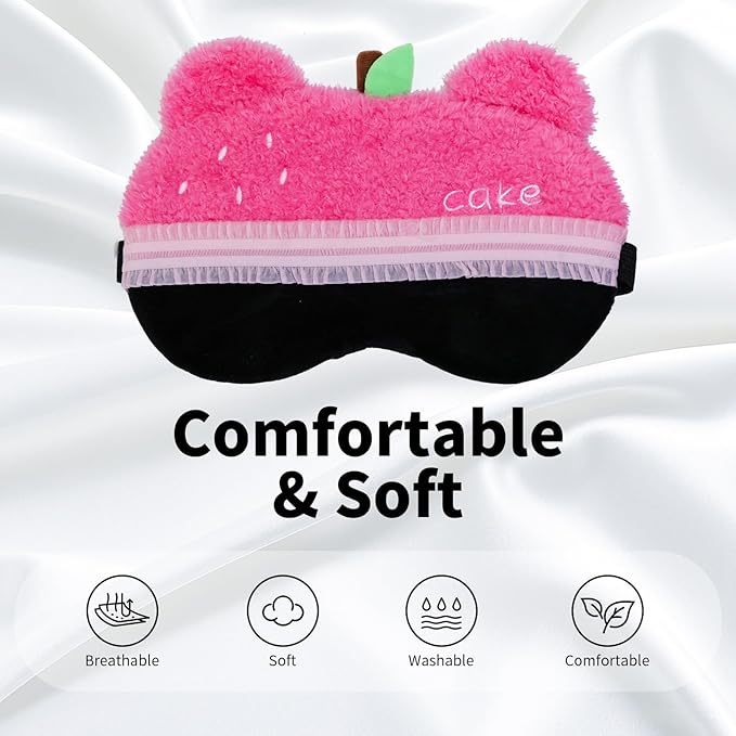 PERFECTSIGHT Sleep Eye Masks, Cute Bear Plush Sleep Eye Cover Lightweight Adjustable Eyeshade Faux Fur Mask Cover for Women Men Kids Sleep Travel Nap, Rose Pink Cake