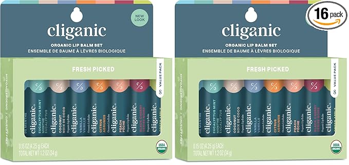 Cliganic Organic Lip Balm Set (Fresh Picked, 8 Flavors) - 100% Natural Moisturizer for Cracked & Dry Lips (Pack of 2)