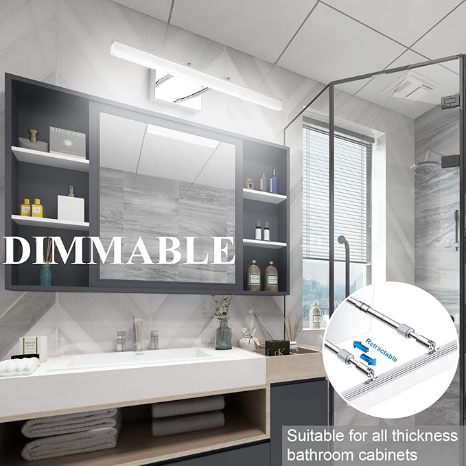 Aipsun 24 inch Dimmable LED Vanity Lights Adjustable Bathroom Light Fixtures Over Mirror Chrome Modern Vanity Lighting(White Light)