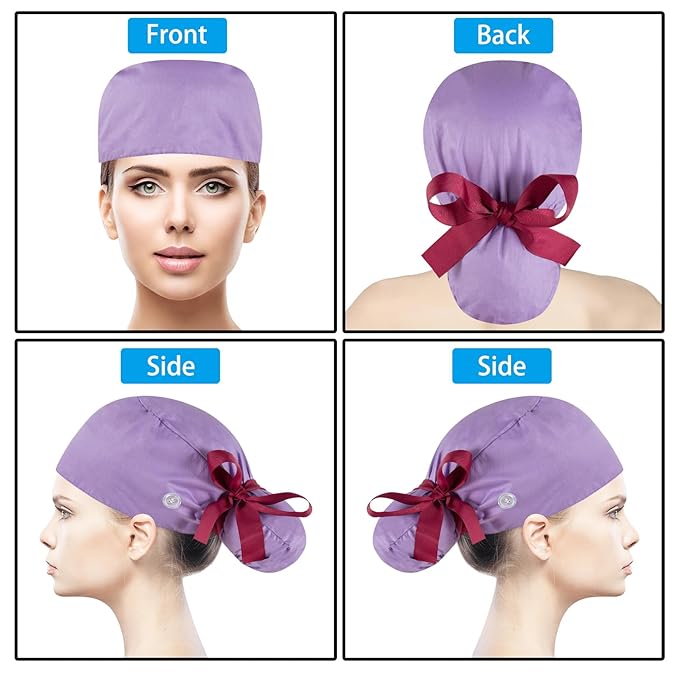 Scrub Caps Women Bouffant Scrub Hats Caps Nurses, Adjustable Working Cap Ponytail Pouch Tie Back Hats