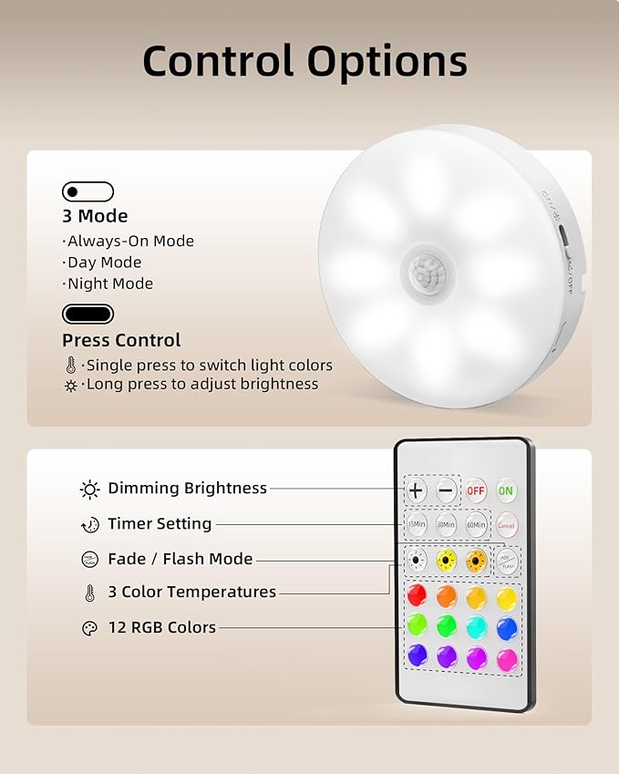 EZVALO Under Cabinet Lighting with Charging Station, 1000mAh Rechargeable Puck Lights with Remote, 3 Color Temps & 12 RGB Closet Lights, Dimmable Motion Sensor Lights for Shelf, Kitchen (3 Packs)