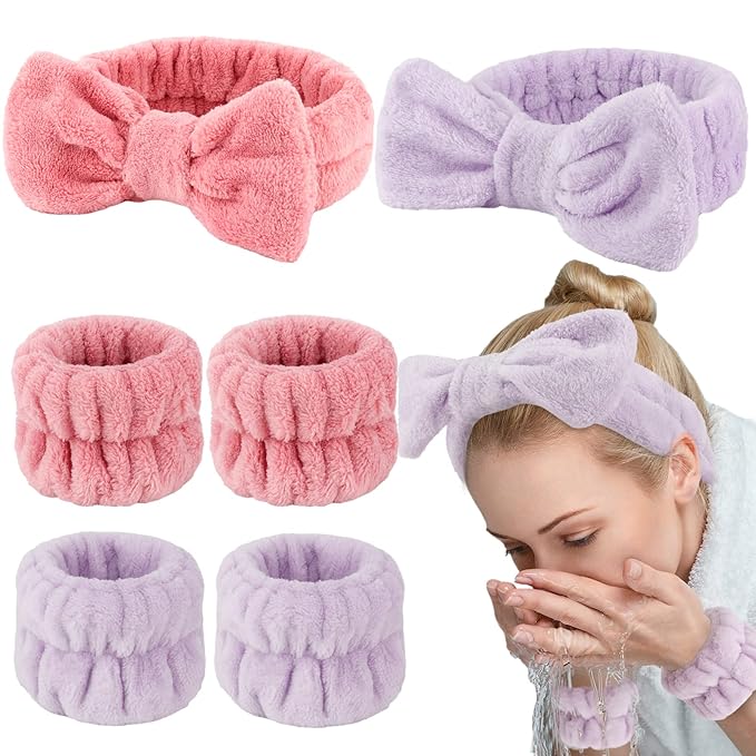 WHAVEL 6PCS Spa Headband and Wristbands Set, Face Wash Headband Wrist Bands for Washing Face Makeup Skincare Hair Band Skin Care Accessories Tools