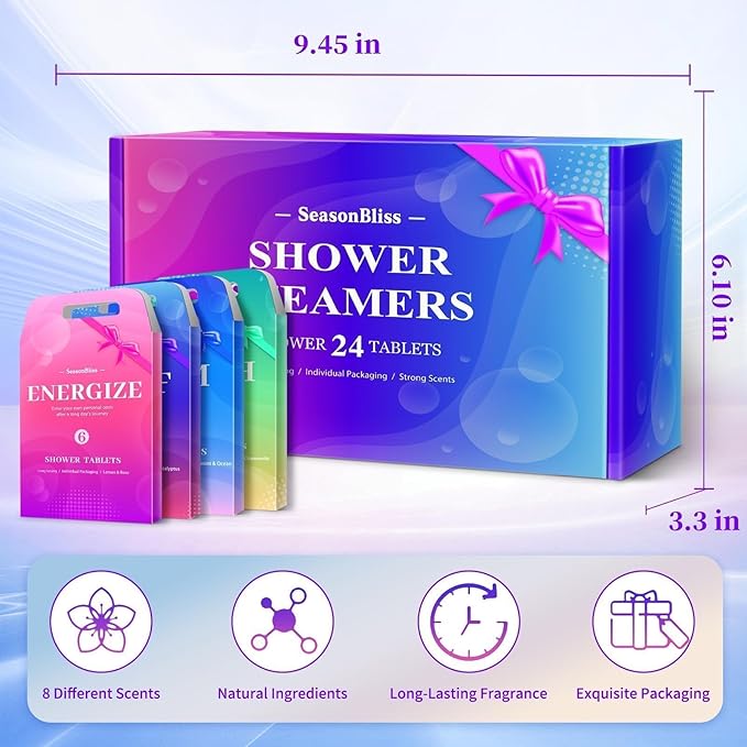 SeasonBliss Shower Steamers 24 Pack, Shower Tablets, Natural Ingredients, 8 Different Scents, Individually Wrapped Shower Steamer, Valentine's Day Shower Steamers for Women