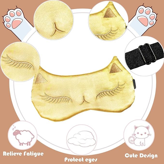 Cute Cat Sleep Mask for Kids (Golden&Black), 2 Pack Silk Sleeping Eye Cover Adjustable Mask Night Eyeshade Cover for Girls Boys Women Men Sleep Travel Party