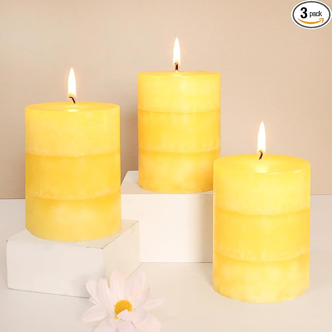 Yellow Pillar Candles 3x4 Inch Hand-Poured Lemon Scented Candles Lemongrass Fragrance Long Lasting Clean Burning Smokeless Summer Candle for Home Scent Bathroom Rustic Table Decor, Set of 3