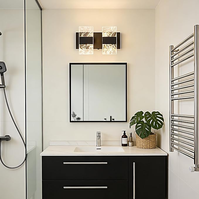 Modern LED Bathroom Light Fixtures Dimmable 2-Light Black Vanity Light, 5CCT Adjustable Lighting Fixture Vanity Lights Over Mirror, Smoked Acrylic LED Vanity Lights for Bathroom