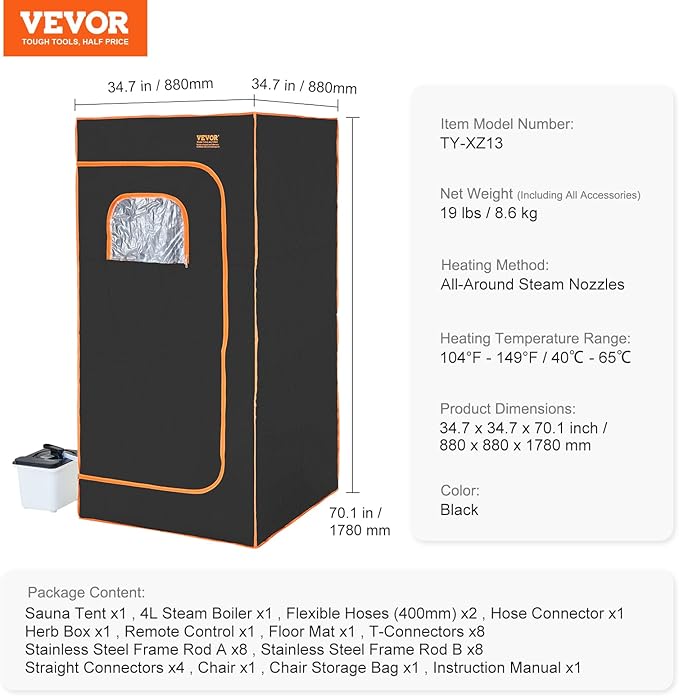 VEVOR Portable Steam Sauna Tent Full Size, 1600W with Visible Window, Personal Sauna Kit for Home Spa, Soothing Heated Body Therapy,Time&Temperature Remote Control with Chair,Black, 2.9’x 2.9’x 5.8’