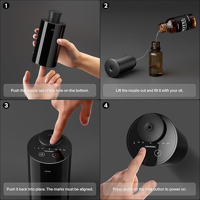 Airversa Waterless Essential Oil Diffuser Starter Kit with 4 x 10mL Hotel Scent Fragrance Oil, Battery Operated Mini Scent Air Machine Portable Diffuser for Home Car Office, AN6Kit-04 Black