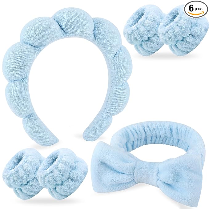 Zkptops 6Pcs Spa Headband for Washing Face Wristbands Set Women Bubble Makeup Sponge Terry Cloth Padded Puffy Skincare Headband Bow Tie Hairband Cute Non Slip Thick Hair Accessory Gifts (Blue)