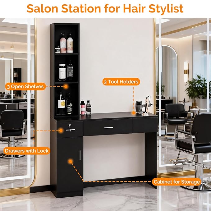 OmySalon Salon Stations for Hair Stylist, Locking Barber Station Organizer, Wall Mount Hair Styling Equipment with 2 Drawers, 1 Storage Cabinet, 3 Open Shelves, for Beauty Spa Hairdresser, Black