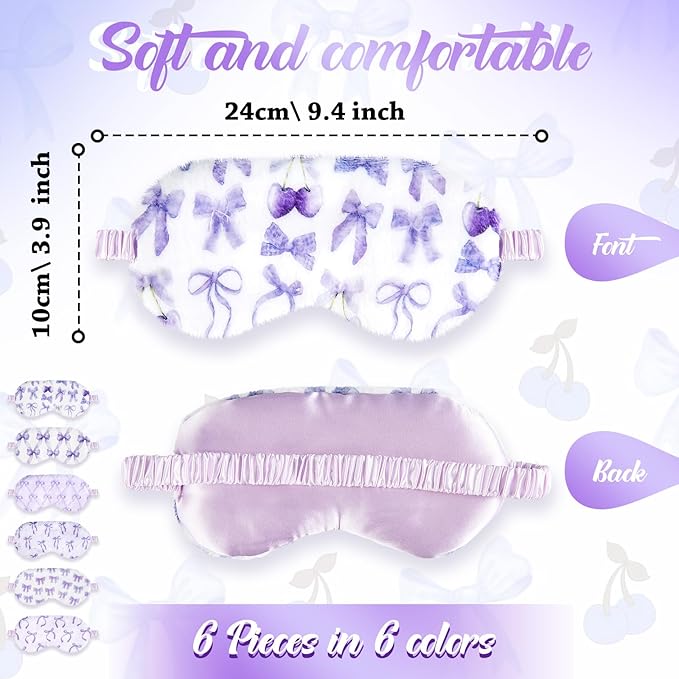 Cuffbow 6 Pack Plush Sleep Mask Set, Cute Plush Eye Masks for Sleeping, Soft Comfortable Travel Nap Blindfold, Sleepover Party Favors for Women(Bow,Purple)