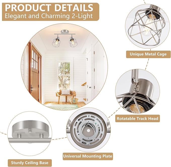 Baocuz 2-Light Brushed Nickel Semi Flush Mount Ceiling Light, Hallway Light Fixtures with Metal Wire Cage, Vintage Adjustable Track Spotlight Ceiling Fixtures for Dining Room, Farmhouse, Entryway