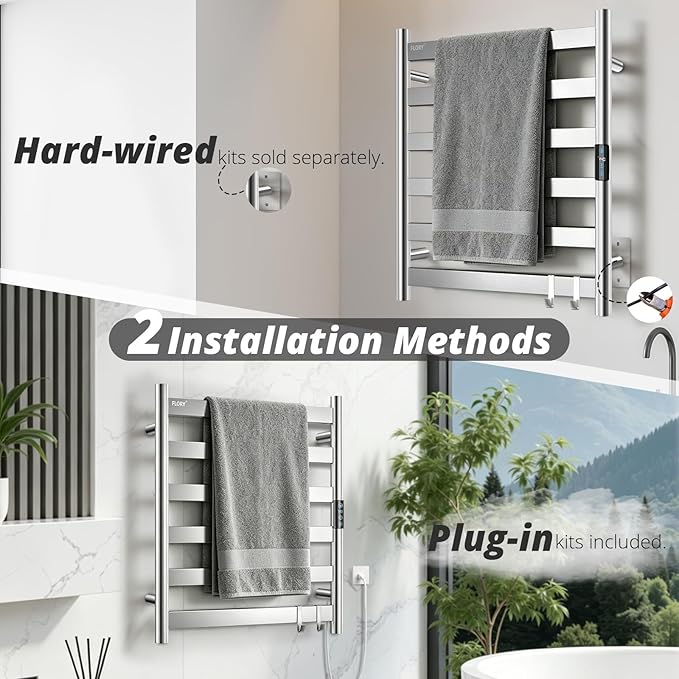 R FLORY Heated Towel Rack for Bathroom, 6 Bar Wall Mounted Towel Warmer Rack Flat with Timer & Temperature, Electric Towel Heater with LED Display Screen, Plug-in