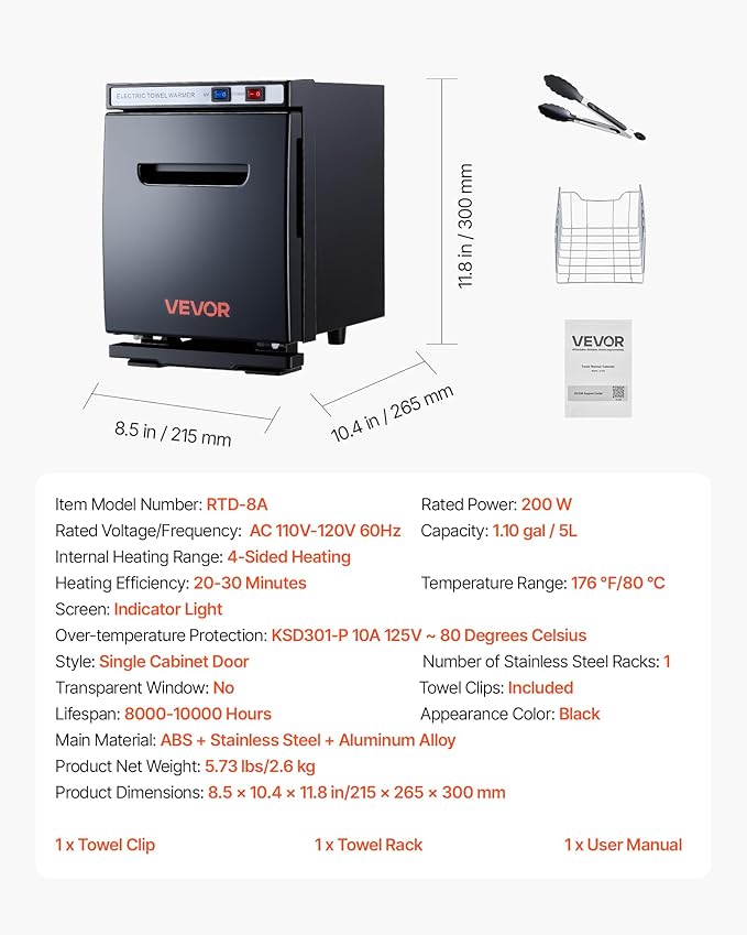 VEVOR Hot Towel Warmer, 5L Small Towel Warmer Cabinet with Clip & Stainless Steel Rack, Holds up 8-12 Towels, Portable All-Round Heating Cabinet for Spa, Barber, Manicures, Massage, Salon, Black