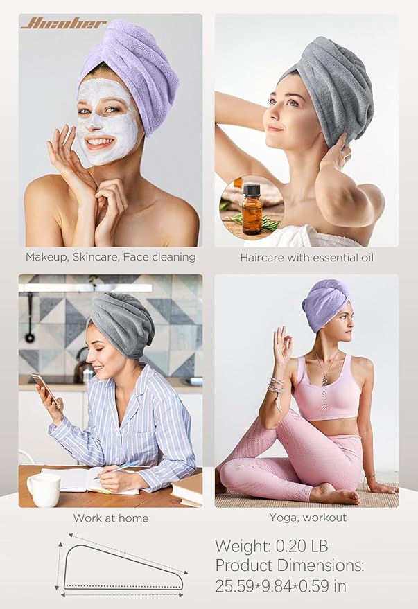 Hicober Microfiber Hair Towel, 2Packs Hair Turbans for Wet Hair, Drying Hair Wrap Towels for Curly Hair Women Anti Frizz (Purple,Grey)