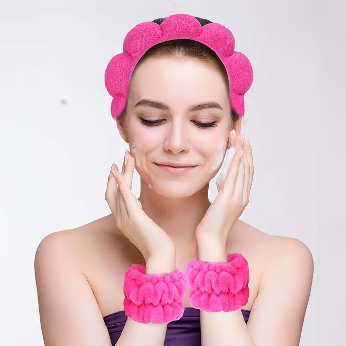 Beleki Spa Headband & Wristband Set - Sponge Terry Cloth Bubble Puffy Hairband - Non Slip Headwear - Hot Pink - 3 Pcs