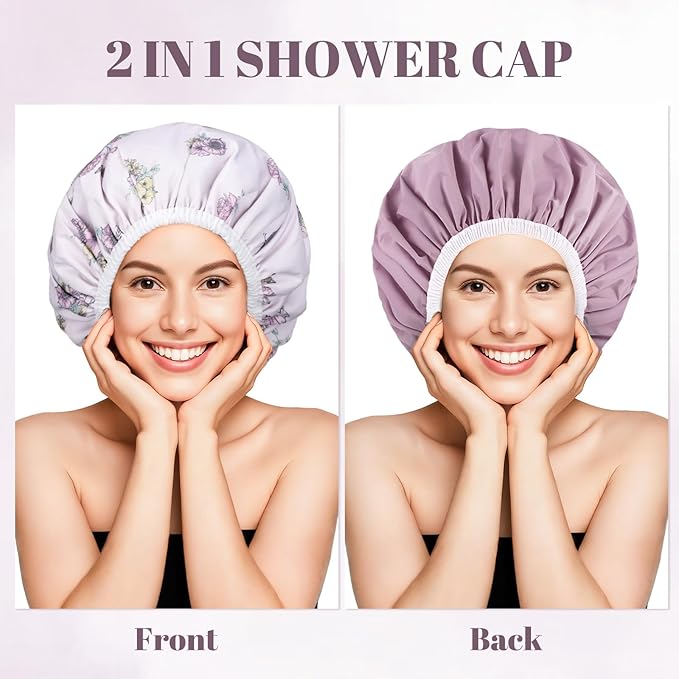 Pengxiaomei Double-Sided Shower Cap for Women, 2 in 1 Reusable Waterproof Bath Cap for Women Girls Long Thick Hair (Flowers)