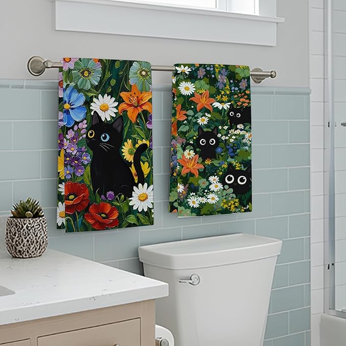 Accnicc 2 Pack Black Cat Bathroom Hand Towels Decorative Green Plant Daisy Floral Dish Kitchen Towel 16x27 Inch Cute Botanical Absorbent Soft Microfiber Bath Towels Hotel Spa