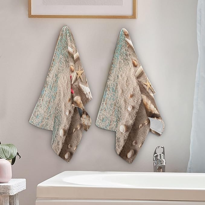 Nautical Seashell Starfish Hand Towels for Bathroom Set of 2,Decorative Summer Blue Wooden Beach Themed Bathroom Towels for Bath,Face,Hair,Soft Absorbent Dish Towels for Kitchen Decor 28"x14"