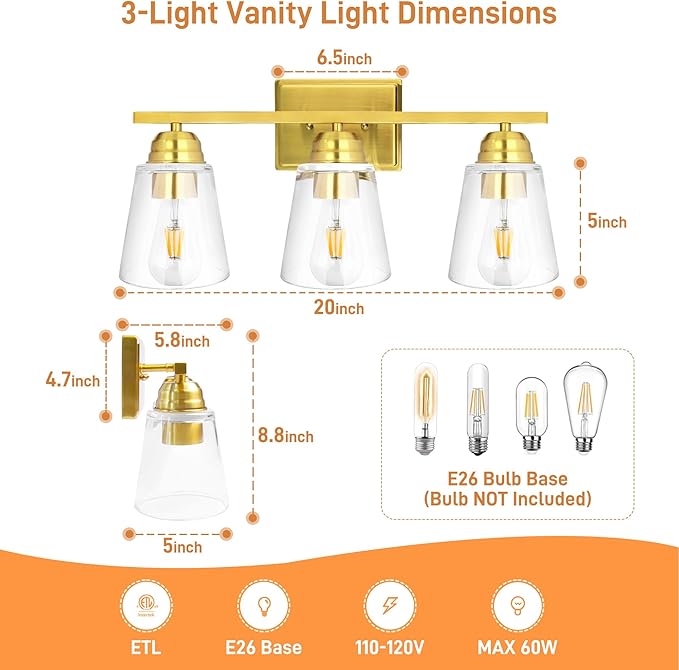 hykolity 3-Light Bathroom Vanity Light, 5-Piece All-in-One Bathroom Set, 20 Inch Modern Wall Lamp, Gold Wall Sconces with Clear Glass Shade, Wall Lights for Bedroom, Living Room, Bathroom Mirror