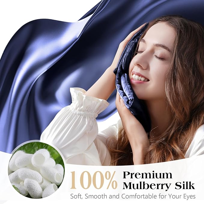 100% Natural Mulberry Silk Sleep Mask, Comfortable Soft for Deep Sleep, Blackout Effect, Wide Adjustable Band, Eye Mask for Women and Men. Ideal for Travel, Office, Daily(Navy Blue)