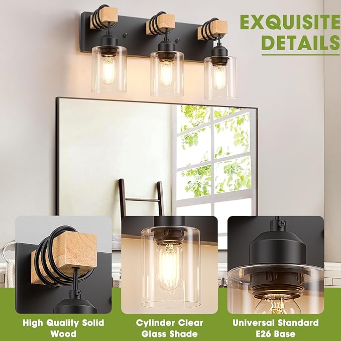 Licperron Farmhouse 3-Lights Wood Bathroom Vanity Light, Rustic Black Bathroom Light Fixtures Over Mirror, Vintage Vanity Wall Sconce Light with Clear Glass Shades for Living Room, Bedroom, Hallway