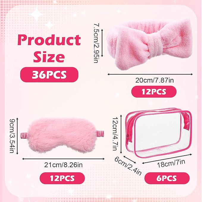 36 Pcs Spa Headband for Women, Makeup Cosmetic Headband for Women 12 Spa Headbands Plush Sleep Eye Mask 12 Clear Cosmetic Bags Sleepover Party Supplies for Girls Christmas Spas Party Favors