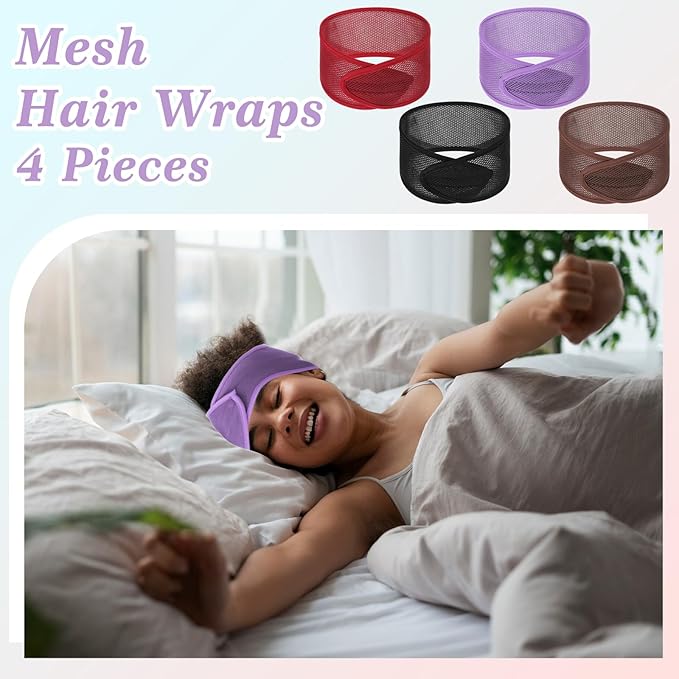 CIATBYYJ 4Pcs Mesh Hair Wraps, Thicker Soft Head Wraps for Black Women, Adjustable Stretchable Wrap Cap for Women Long Short Hair, Non-slip Washable Mesh Hairs Wrap for Makeup Washing Sleeping Spa