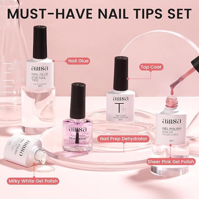 AILLSA Nail Extension Kit Short Almond Nail Tips 240pcs with 2 In 1 Nail Glue Base Coat and Nail Dehydrator, Gel Nail Tips Kit with Nail Lamp Top Coat for Starters Home Salon