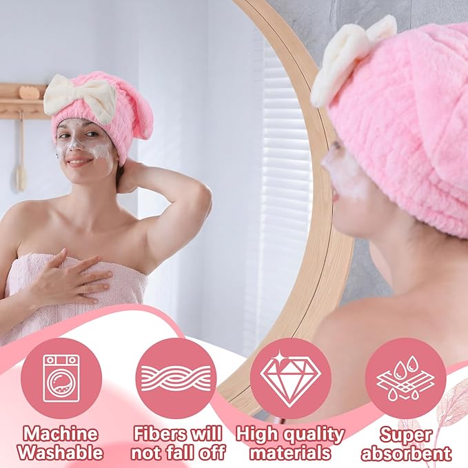 18 Pcs Hair Drying Caps with Cute Bow Fast Drying Soft and Absorbent Wet Hair Towel Wrap Turban Wraps for Girls and Women