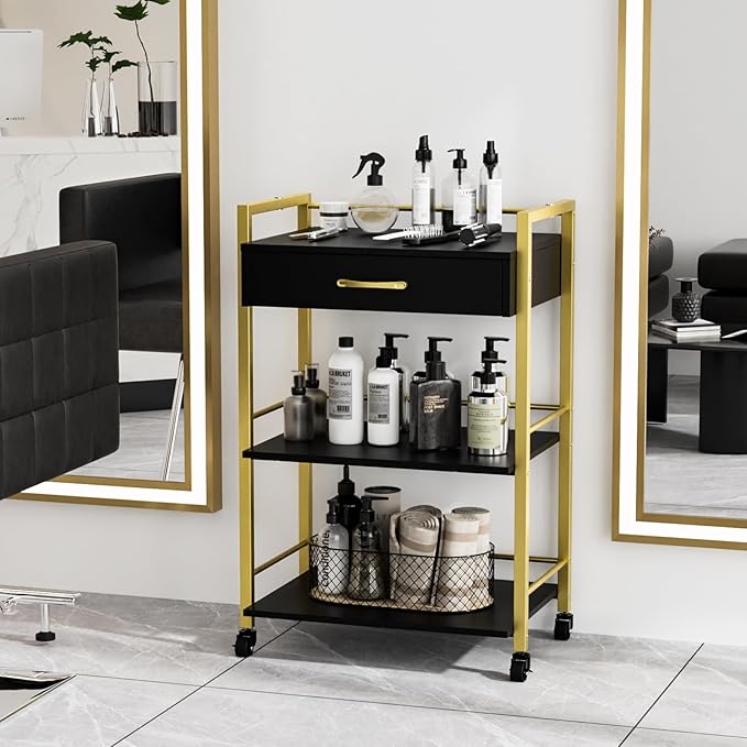 Salon Trolley Cart with Wheels, Esthetician Cart with 1 Drawer & 2 Trays, Mobile Storage Organizer for Beauty Spa Massage Tattoo Esthetic Facial Tool Holder Station, Black Gold