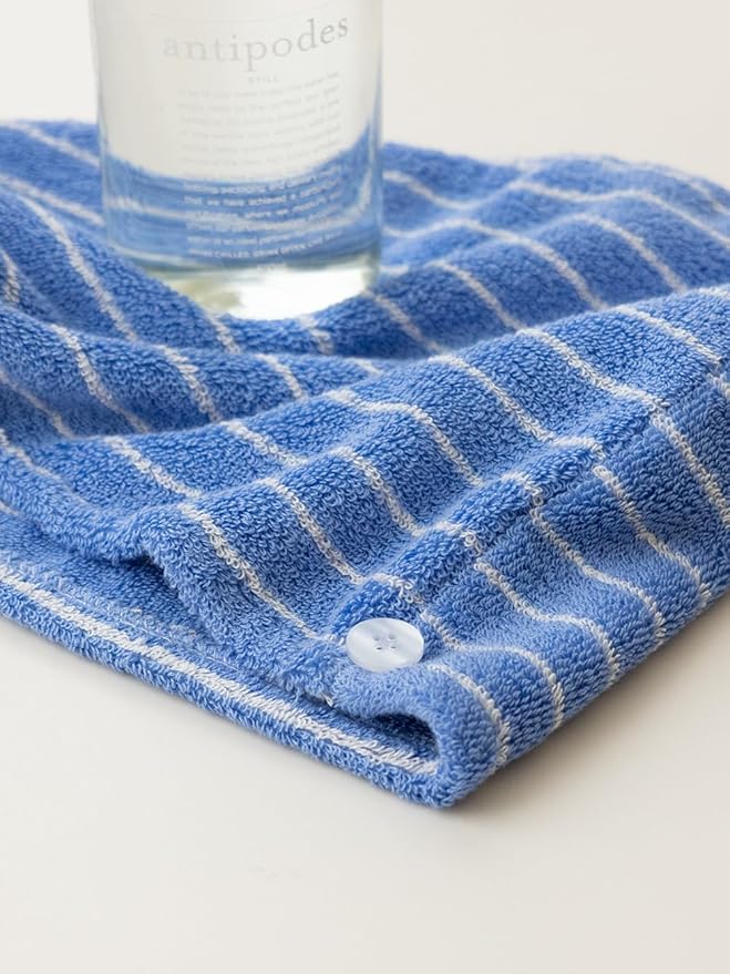 WENSHUO Azure Holiday-Striped Hair Towel Wrap-Drying Tool,100% Combed Cotton,Luxury Hair Dry Towels,Super Absorbent with Button Fasten(Pack of 1)