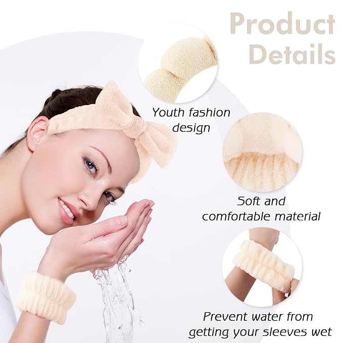 Zkptops 6Pcs Spa Headband for Washing Face Wristbands Set Women Bubble Makeup Sponge Terry Cloth Padded Puffy Skincare Headband Bow Tie Hairband Cute Non Slip Thick Hair Accessory Gifts (Beige)