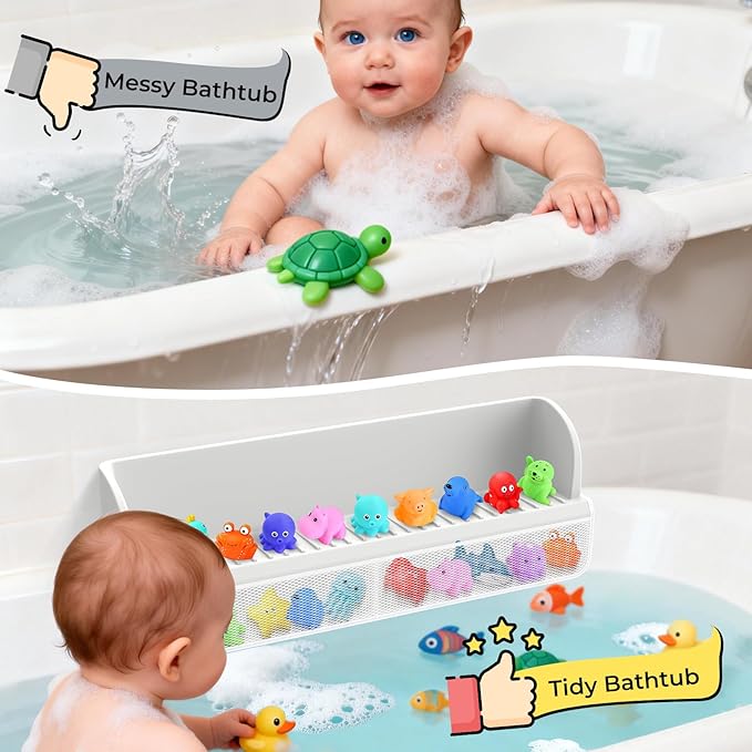 Splash Guard for Bathtub Kids,Toy Tray Caddy Holder Storage,Bath Toy Storage Bag,Guard for Bathtub with Mesh Bathtub Toys Storage,Super Adsorption - Extended Design for Splash Protection,Silicone,Gray