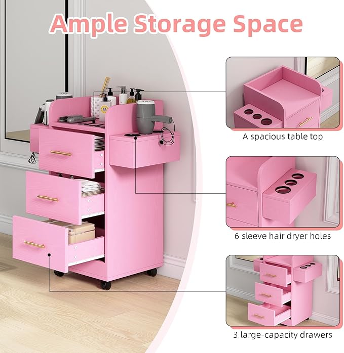 4ever2buy Rolling Salon Station for Hair Stylist, Salon Trolley Cart with with Wheels, Hair Stylist Beauty Barber Station, 6 Hair Dryer Holders & 3 Drawers, Pink and Gold