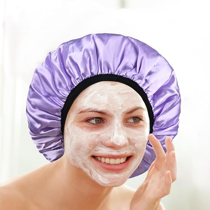 Three-Layer Terry Cloth Lined Satin Shower Cap, with Silk Hair Ties, Microfiber Waterproof Reusable Large Size Shower Cap for Women Long Thick Hair (Purple)